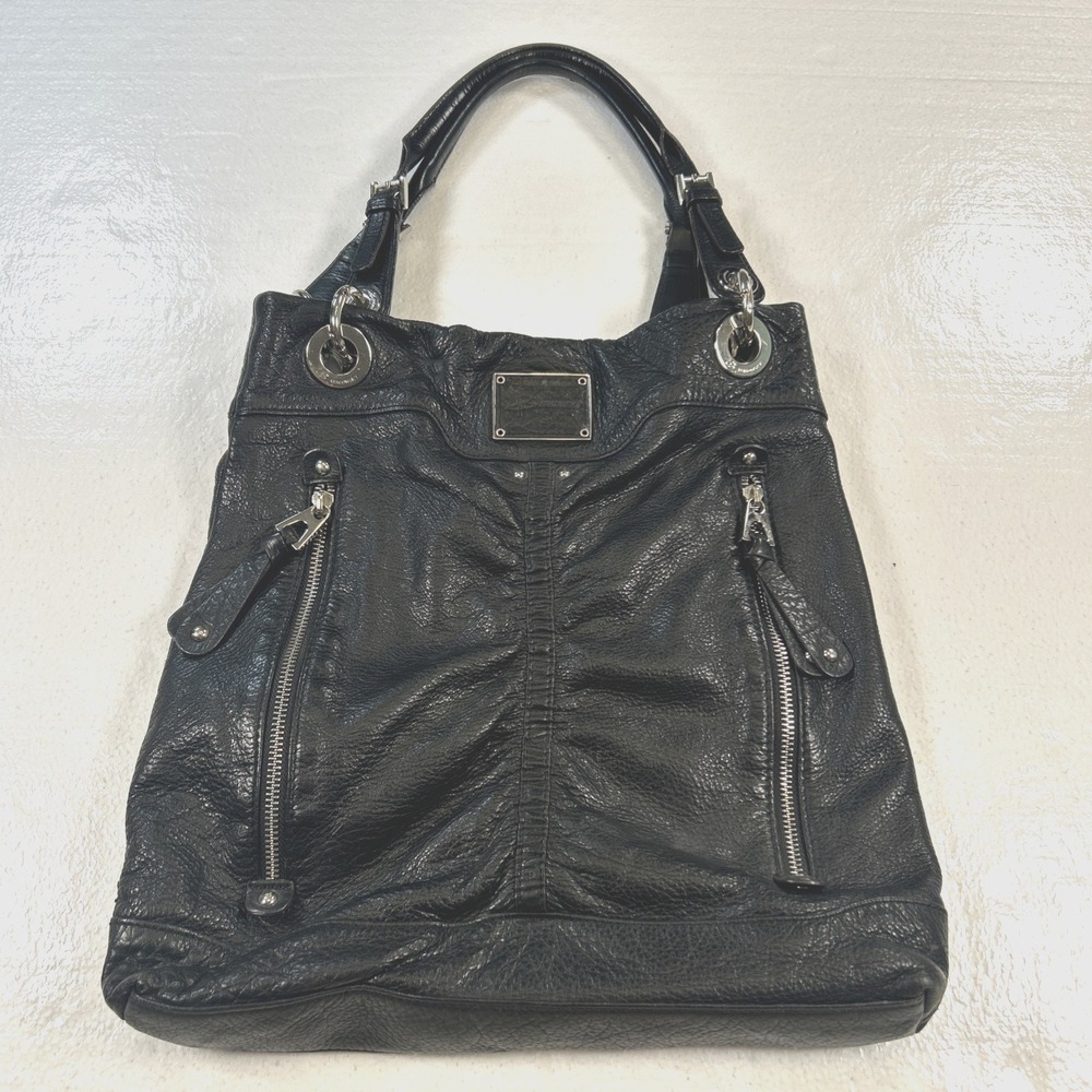 B Makowsky Black Soft Leather Hobo Shoulder Bag Purse Leopard Print Interior